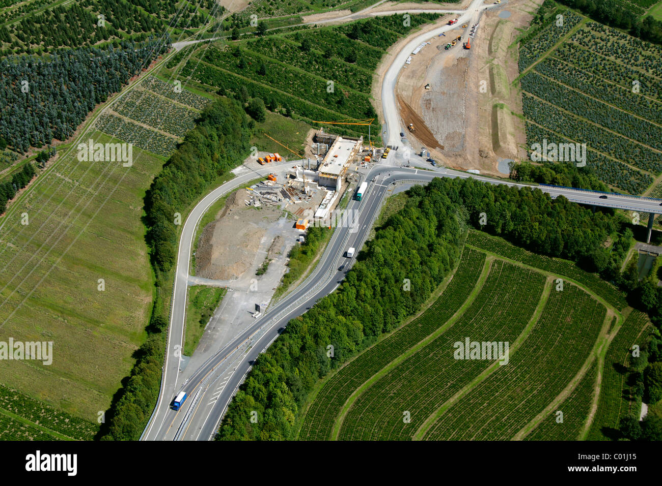 Luftaufnahme, Verlängerung der Autobahn A46, Autobahn-Ausbau, Ende der Autobahn A445 Autobahn in der Nähe von Bestwig, Meschede Stockfoto