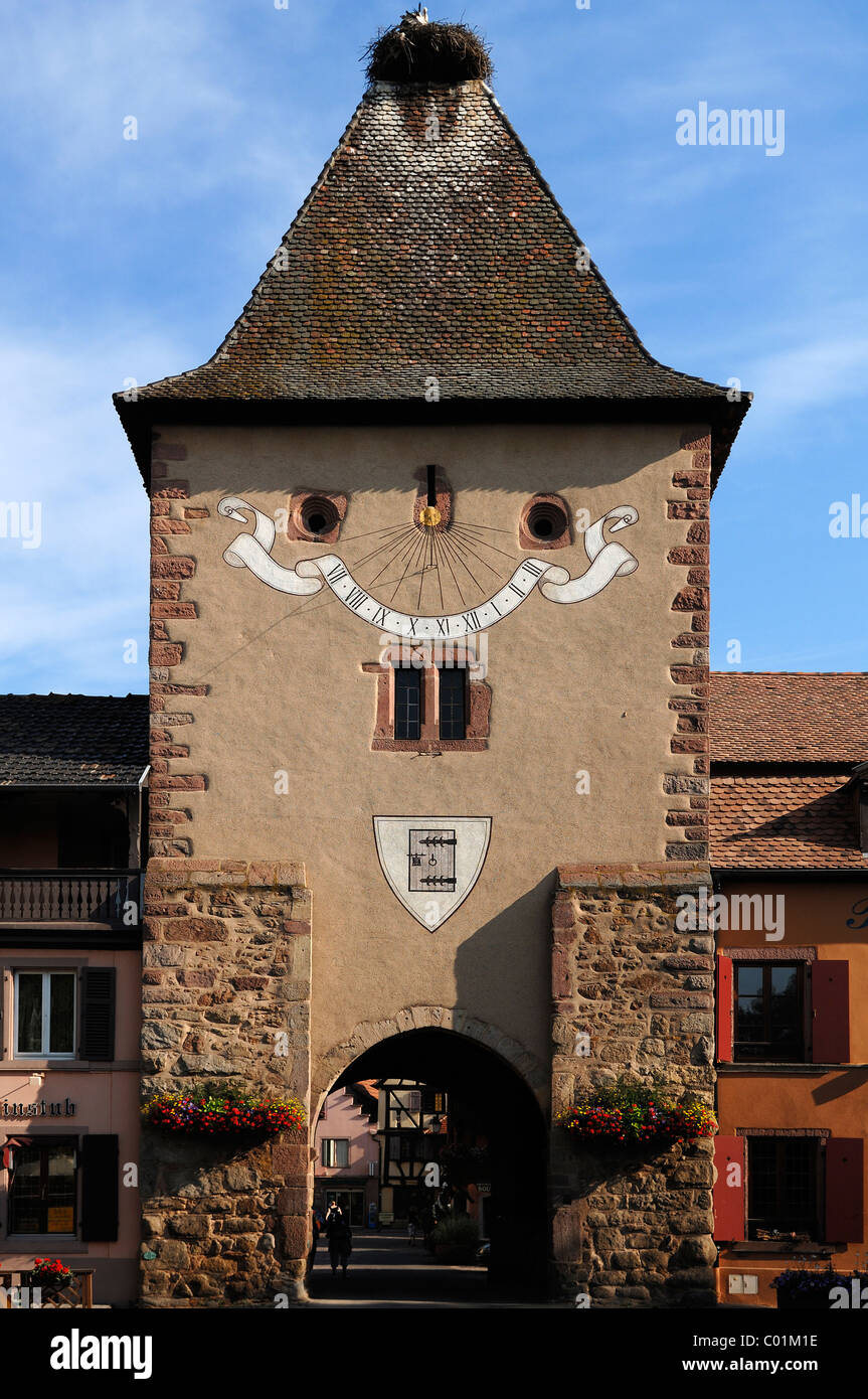 Alten Untertor, la Porte Basse, Porte de France mit Storch ist nisten, 14. Jahrhundert, Ort République, Turckheim, Elsass, Frankreich Stockfoto