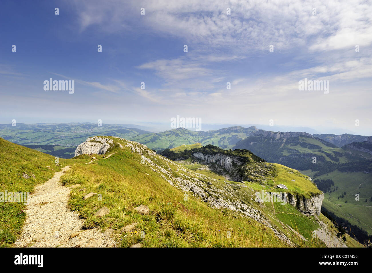 Trail Schaefler bis Ebenalp, unten rechts, Alp Chlus Berg Chlus, hinter die Bergen Fuessler und Ebenalp Stockfoto