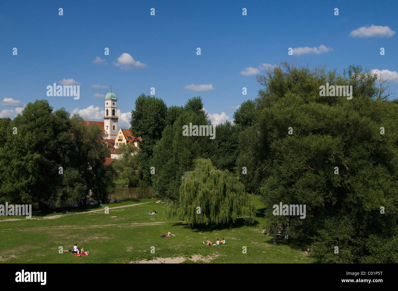 Blick auf Stadtamhof Bezirk und Kirche von St. Mang hinter der "Donauinsel", Altstadt, UNESCO-Weltkulturerbe Regensburg Stockfoto