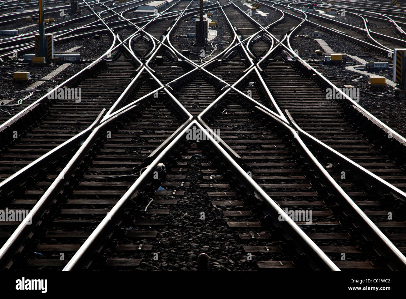 Gleisanlagen und Schalter oder weichen von der Deutschen Bahn AG am Frankfurter Hauptbahnhof, der Frankfurter Hauptbahnhof Stockfoto