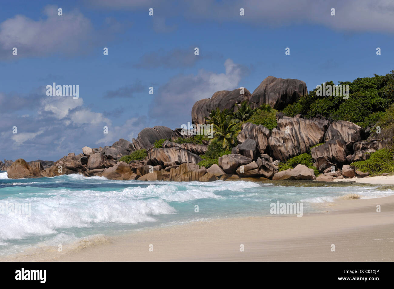 Strand von Grande Anse, La Digue, Seychellen Stockfoto