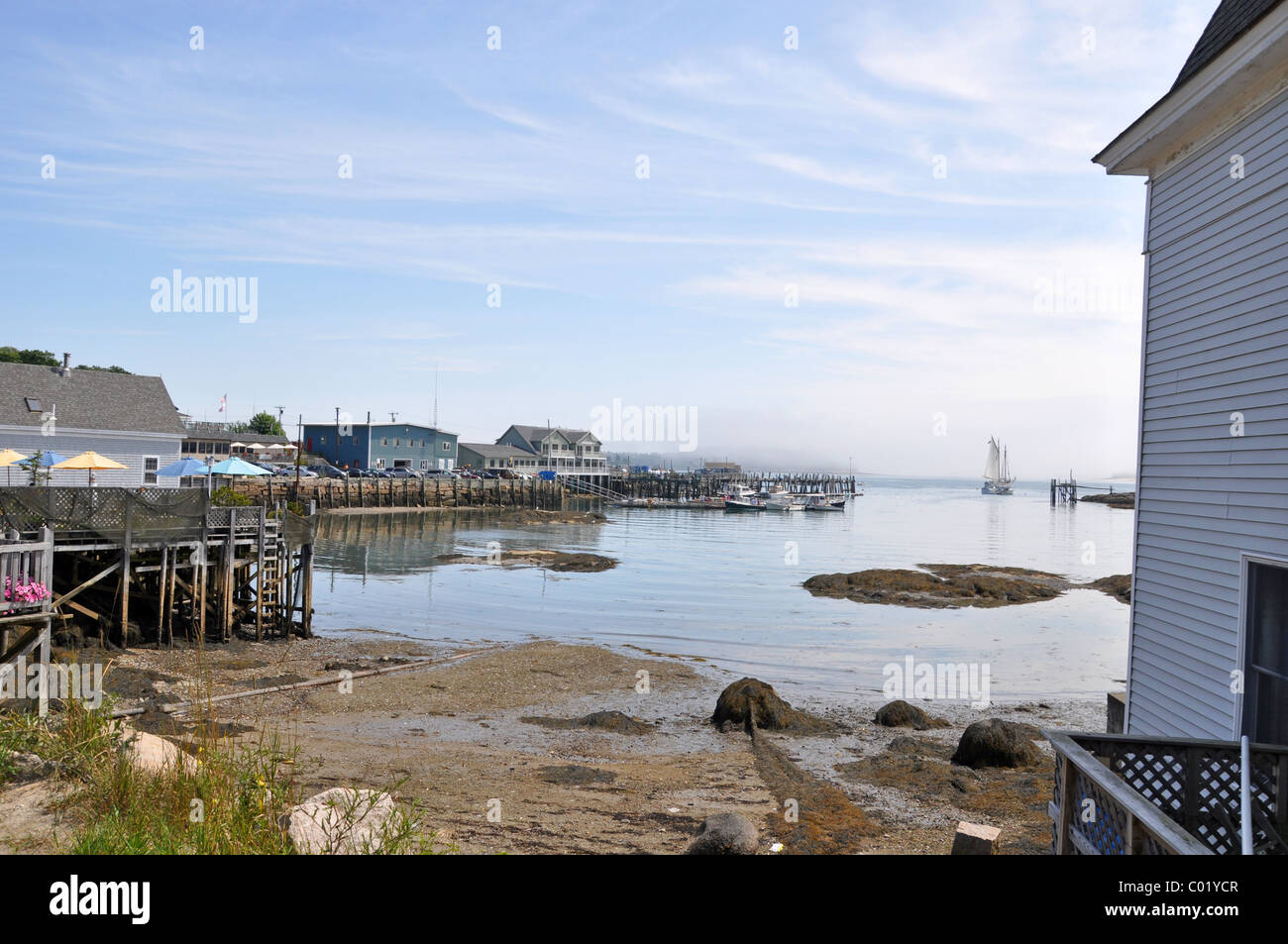 Schoner verlässt Hafen bei Ebbe Stonington, Maine, USA Stockfoto