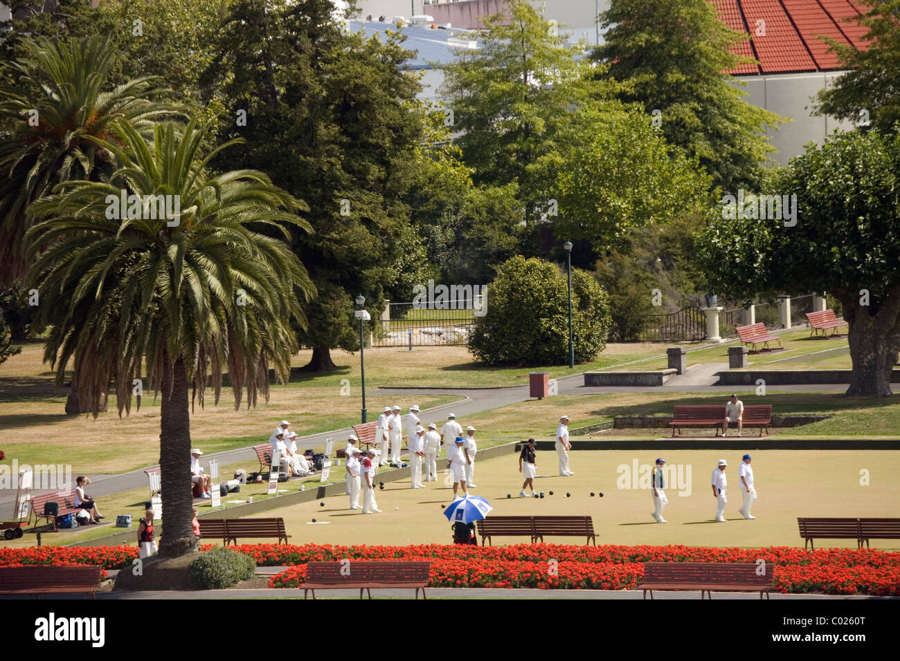 Rasen-Bowling-Turniere statt auf den Grüns der Regierung Gärten Rotorua New Zealand Stockfoto