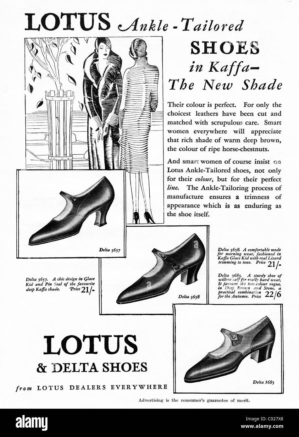 1920er Jahre ganzseitige Anzeige in Verbraucher-Magazin für Damenschuhe von  LOTUS & DELTA Schuhe Stockfotografie - Alamy