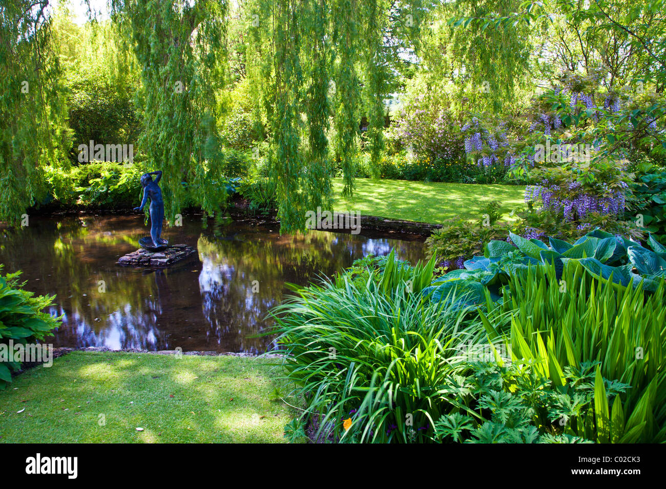Ein Zierteich Garten in einem englischen Landhaus-Garten mit Statue, Farne und einer Trauerweide. Stockfoto