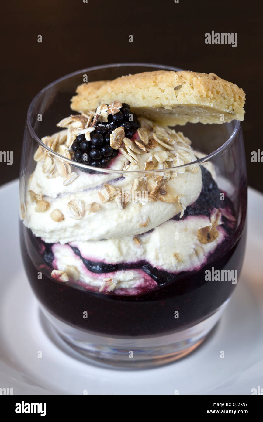 Vanille-Eis-Dessert mit Cassis-Coulis und Shortbread Stockfoto