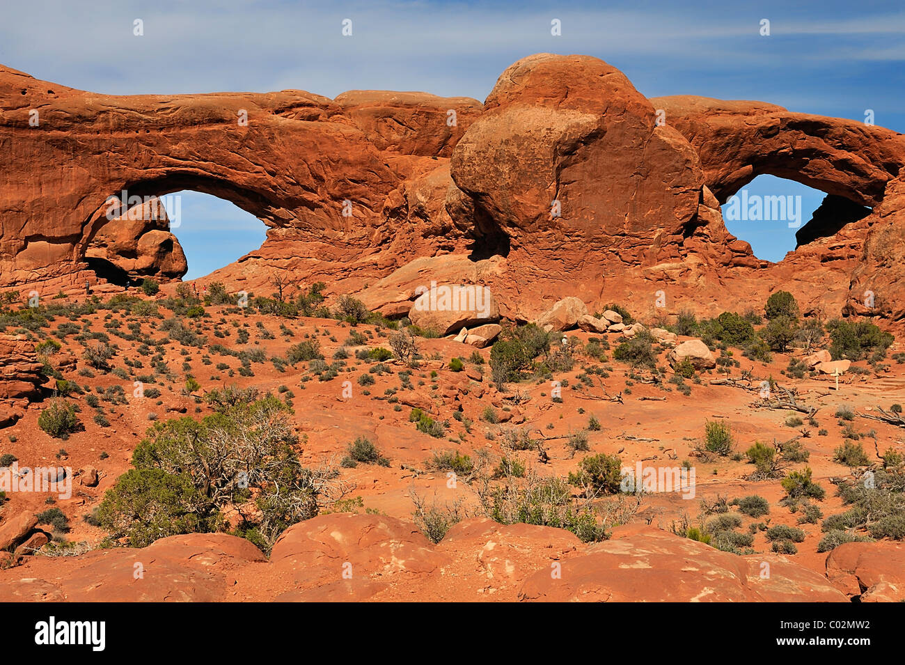 Double Arch Bildung im Arches National Park in Utah, in der Nähe von Moab, USA Stockfoto