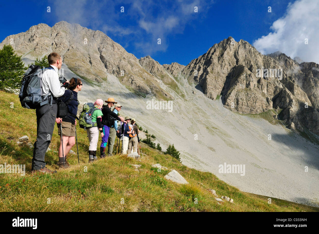 Wandern, trekking Gruppe auf eine alpine Trail im Nationalpark Mercantour, Haute Verdon Berge, Alpes de Haute Provence, Frankreich Stockfoto