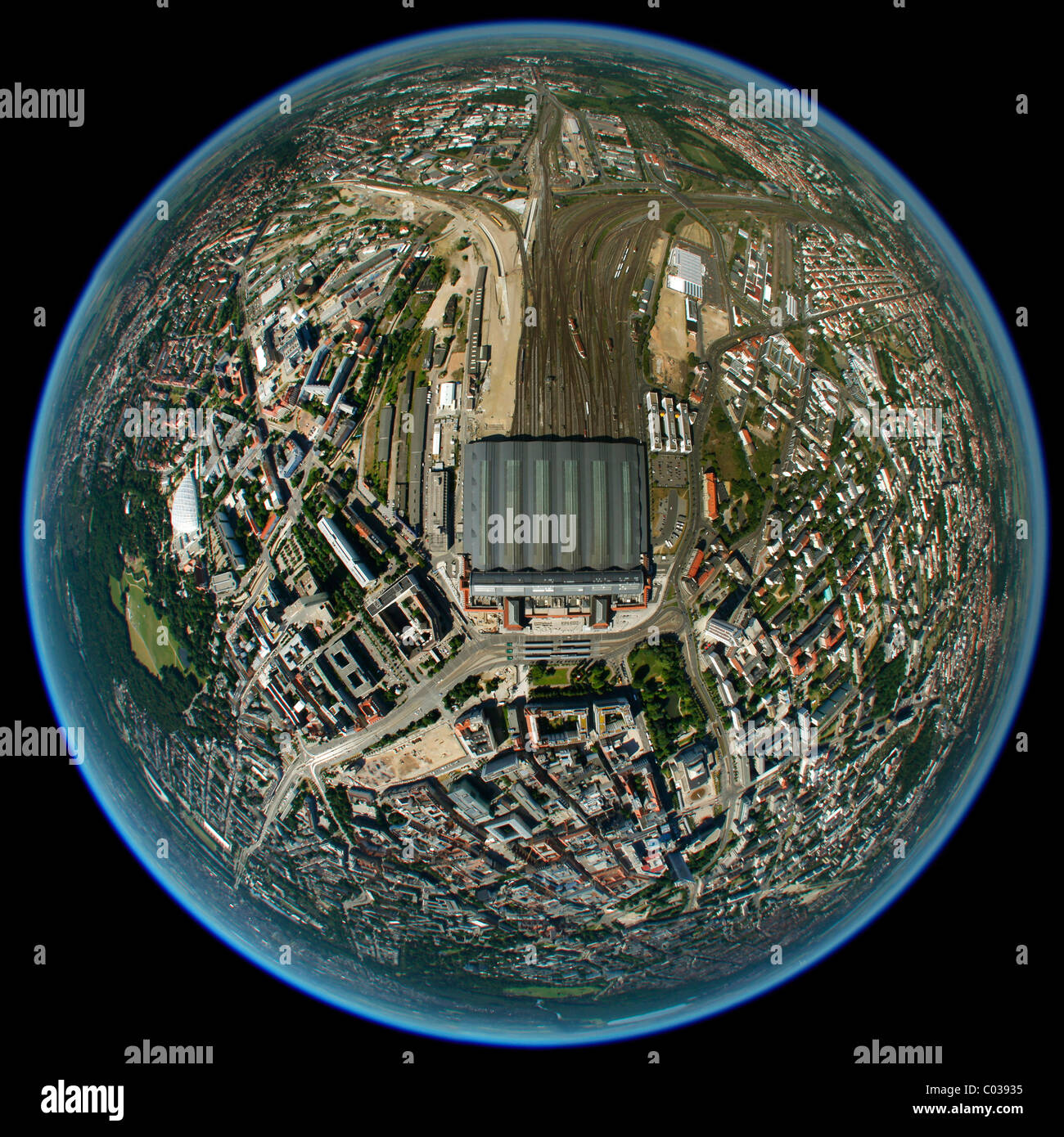 Luftaufnahme, fisheye, globe, Panorama, Hauptbahnhof, Hauptbahnhof, Leipzig, Sachsen, Deutschland, Europa Stockfoto