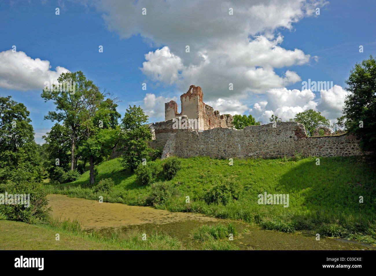 Burgruine und Wassergraben mit Birze Fluss, Burg des Deutschen Ritterordens, Doblen, Russland, Baltikum, Nordeuropa Stockfoto