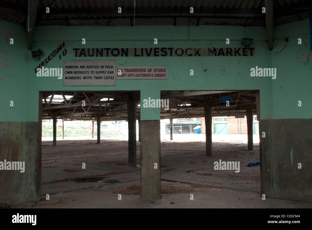 Taunton Livesock Markt, nachdem es geschlossen wurde, bleiben die leeren Vieh Stifte, Schafställe und Auktion Ring während der Sanierung. Stockfoto