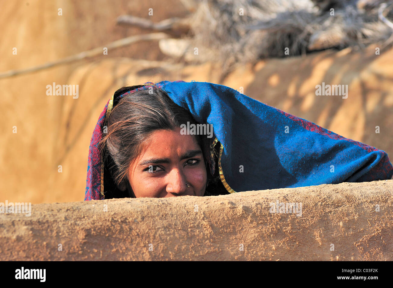 Eine junge Frau blickt sich neugierig über eine Schlamm-Mauer, Thar-Wüste, Rajasthan, Nordindien, Indien, Asien Stockfoto