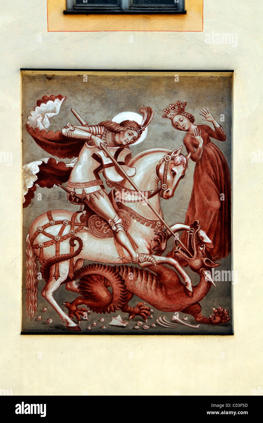 Freskomalerei von Saint George und der Drache in einem Kloster, Kirchplatz 5, Polling, Oberbayern, Deutschland, Europa Stockfoto