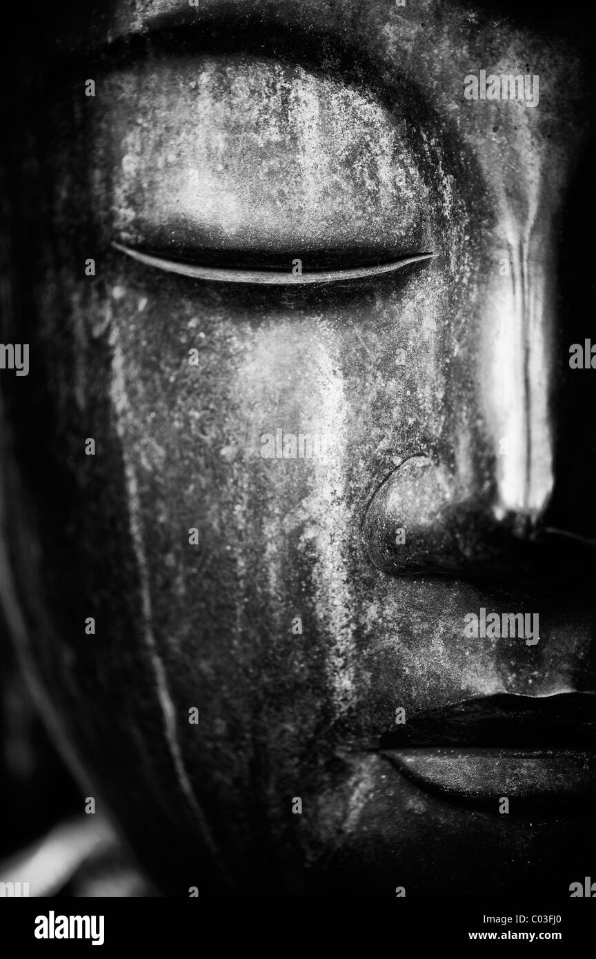 Buddha Gesicht Garten Skulptur. Schwarz und Weiß Stockfoto