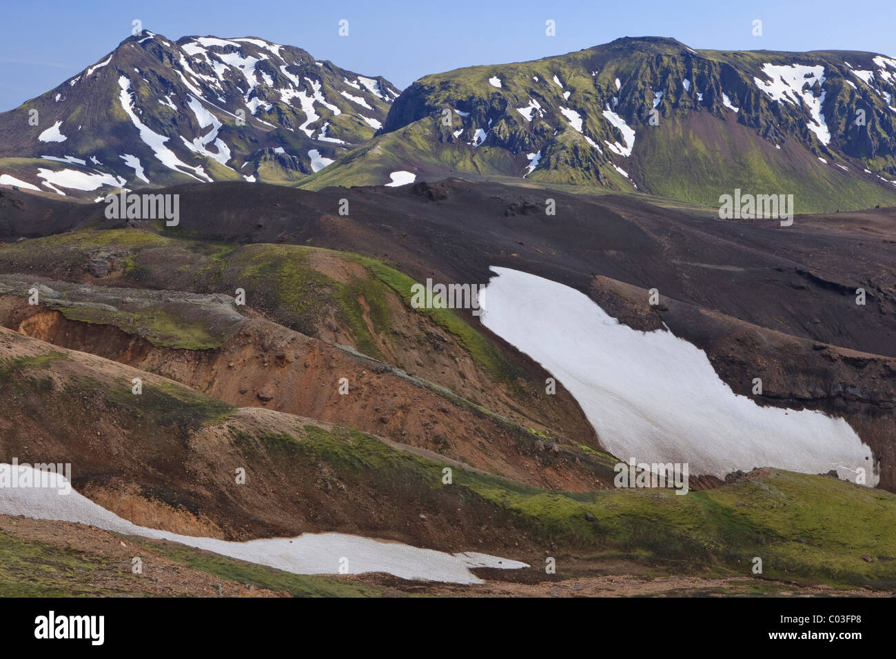 Vulkanische Landschaft mit Schnee Felder, Eyjafjallajoekull, Island, Europa Stockfoto