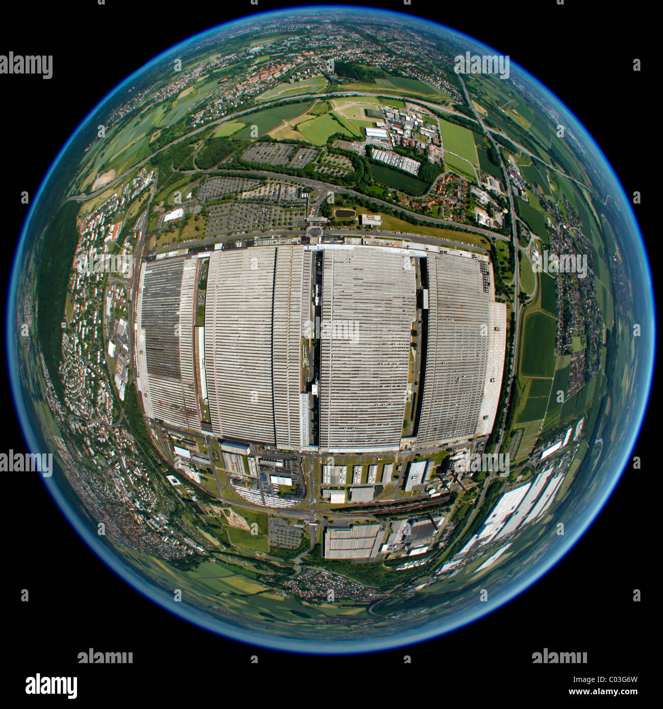 Fisheye-Objektiv, sphärischen Panorama, Luftaufnahme, VW-Werk in Kassel, Hessen, Deutschland, Europa Stockfoto