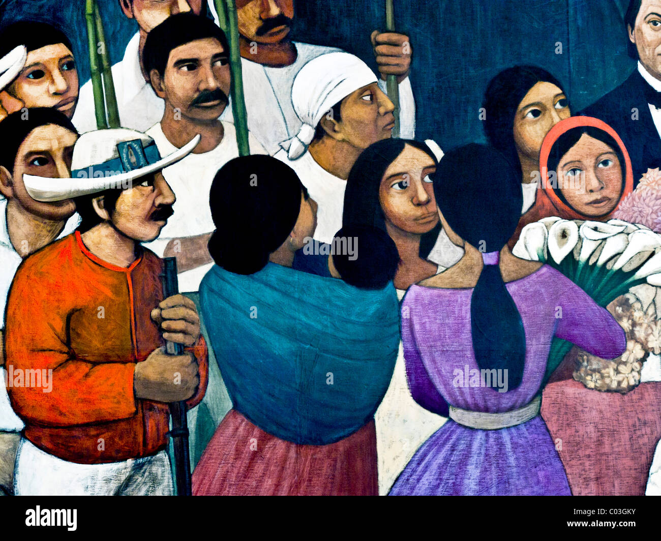 Detailansicht ungewöhnlich sanfte Orozco Wandgemälde im Schloss Chapultepec Darstellung gemeine Volk begrüßen Benito Juárez, Mexiko-Stadt Stockfoto