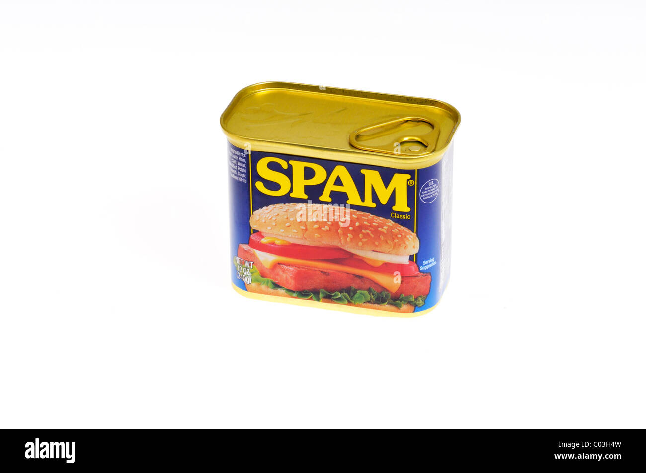 Ungeöffnete Dose Hormel Foods Spam auf weißem Hintergrund Stockfoto