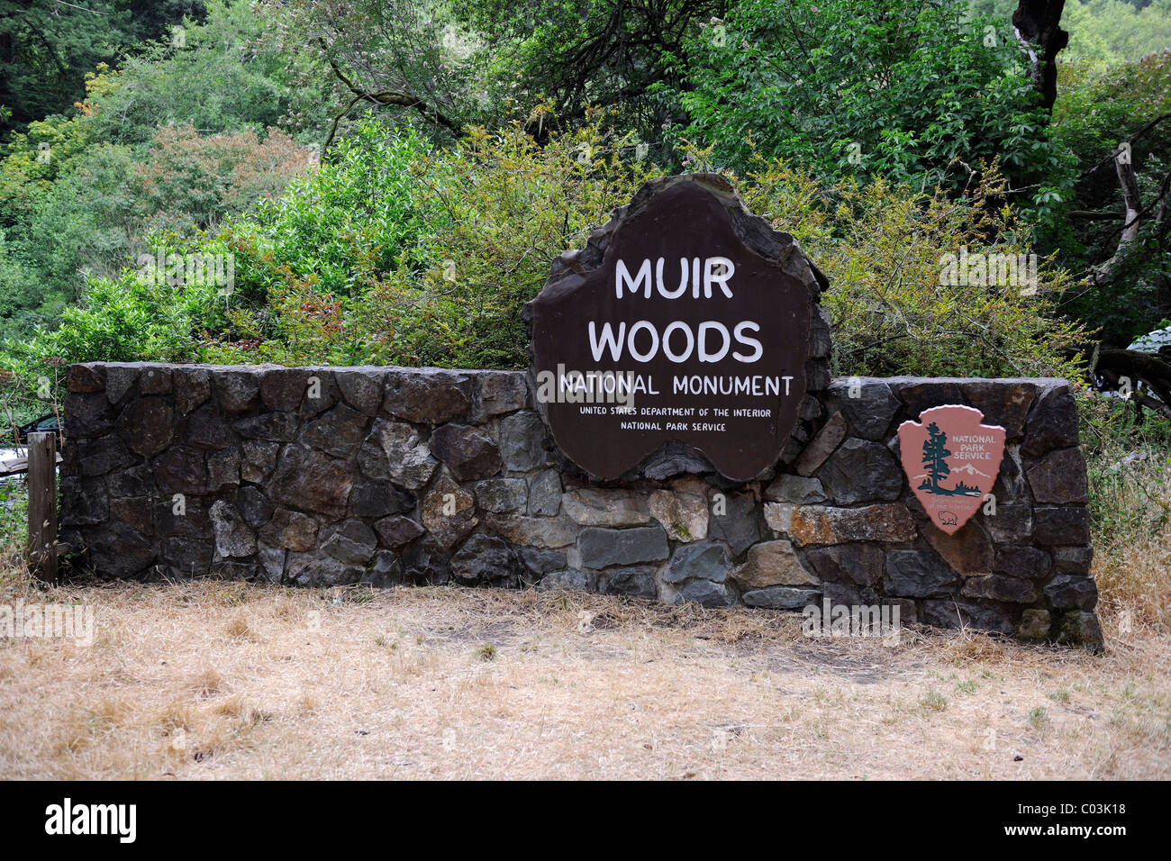 Ortseingangsschild für Muir Woods National Park, Kalifornien, USA, Nordamerika Stockfoto