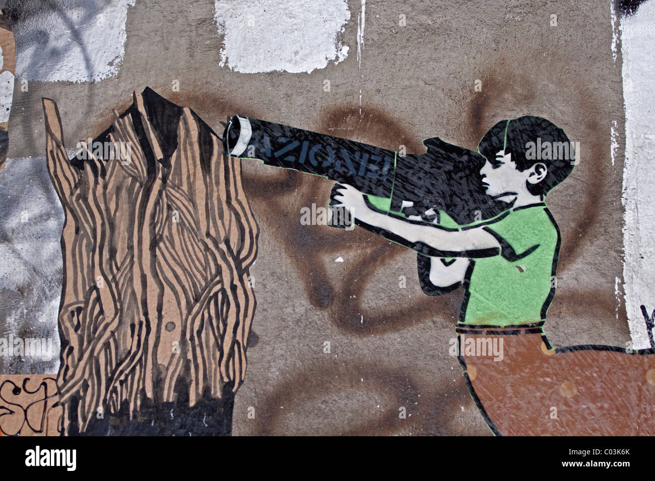 Junge mit einer Panzerfaust, ein Symbol von Kindersoldaten, Graffiti auf eine Mauer in Berlin, Deutschland, Europa Stockfoto