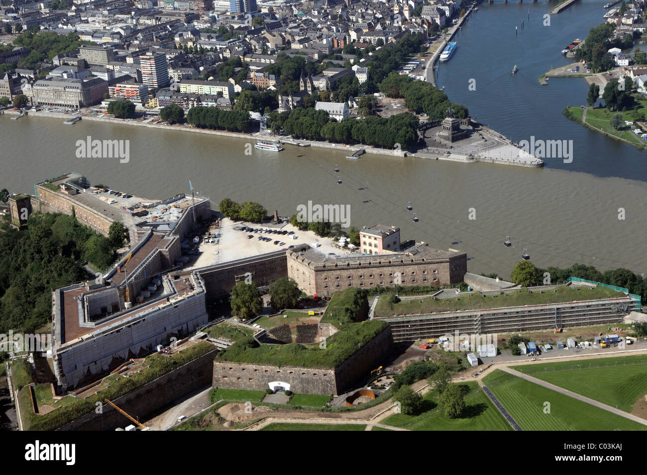 Luftaufnahme, Standort der Bundesgartenschau, in der Front, Festung Ehrenbreitstein, Koblenz, Rheinland-Pfalz Stockfoto