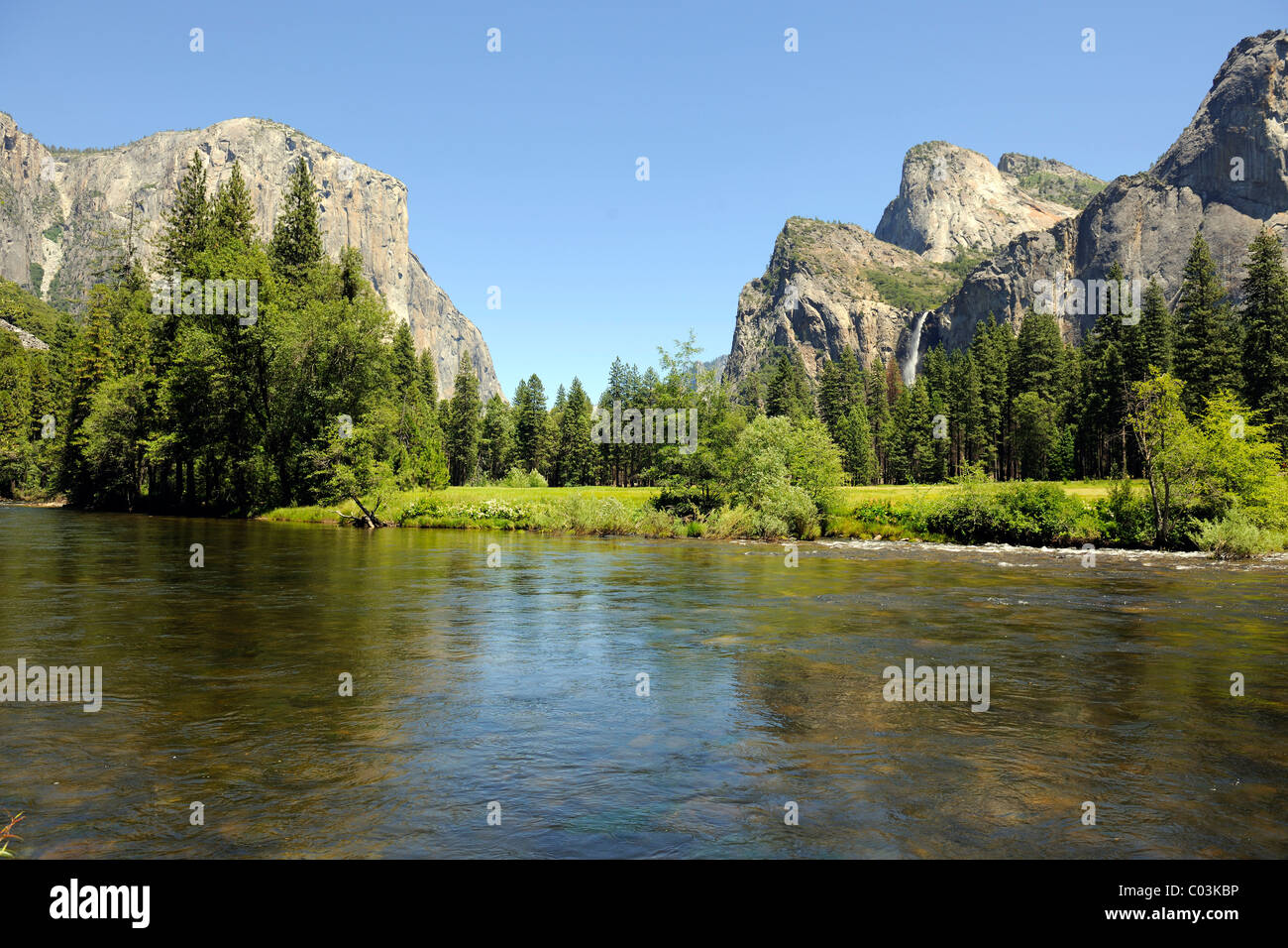 Typische Landschaft mit dem Merced River im Yosemite-Nationalpark, Kalifornien, USA, Nordamerika Stockfoto