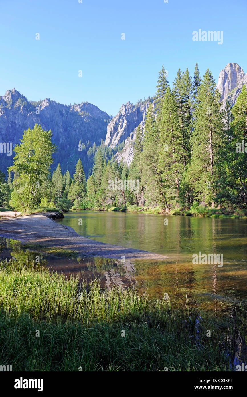 Typische Landschaft in der früh mit Merced River im Yosemite-Nationalpark, Kalifornien, USA, Nordamerika Stockfoto