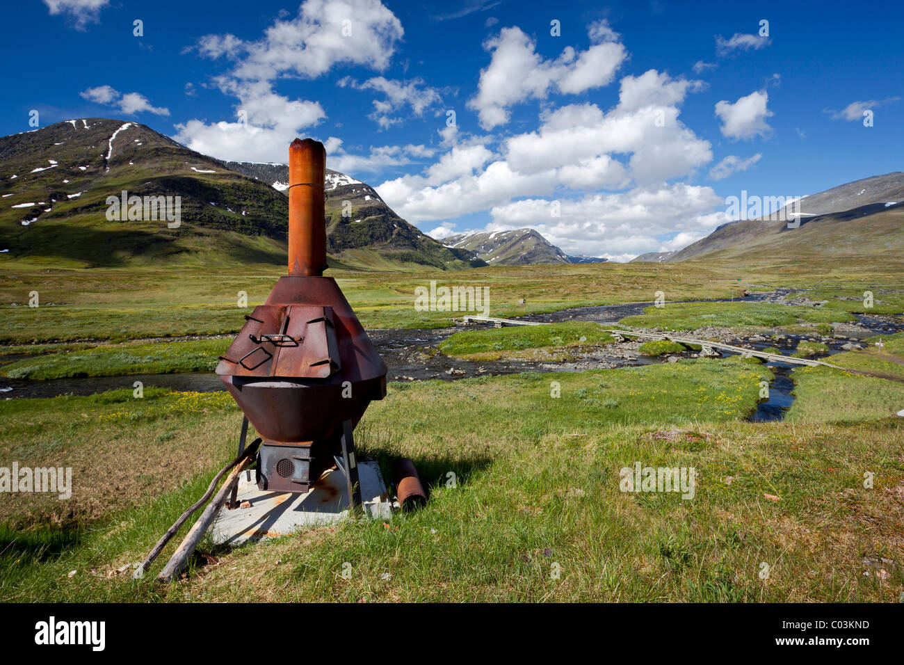 Alten Ofen an der Saelka Hütte, Kungsleden, des Königs Trail, Lappland, Schweden, Europa Stockfoto