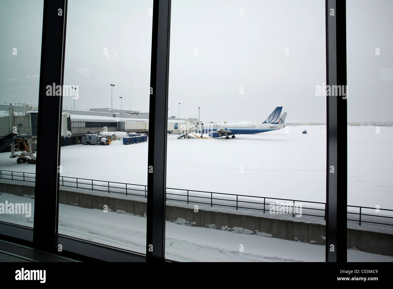 Der Blick aus dem inneren Bradley International Airport, geschlossen wegen einem schweren Schneesturm ist ein einsamer Flugzeug Eis zu sammeln. Stockfoto
