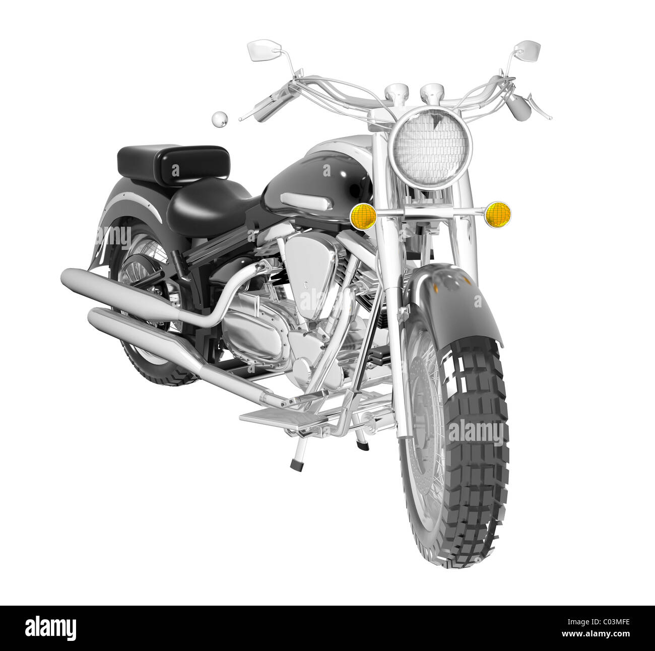 Klassische schwarze Leder und Chrom Motorrad oder Moto, isoliert auf einem weißen Hintergrund. 3D illustration Stockfoto
