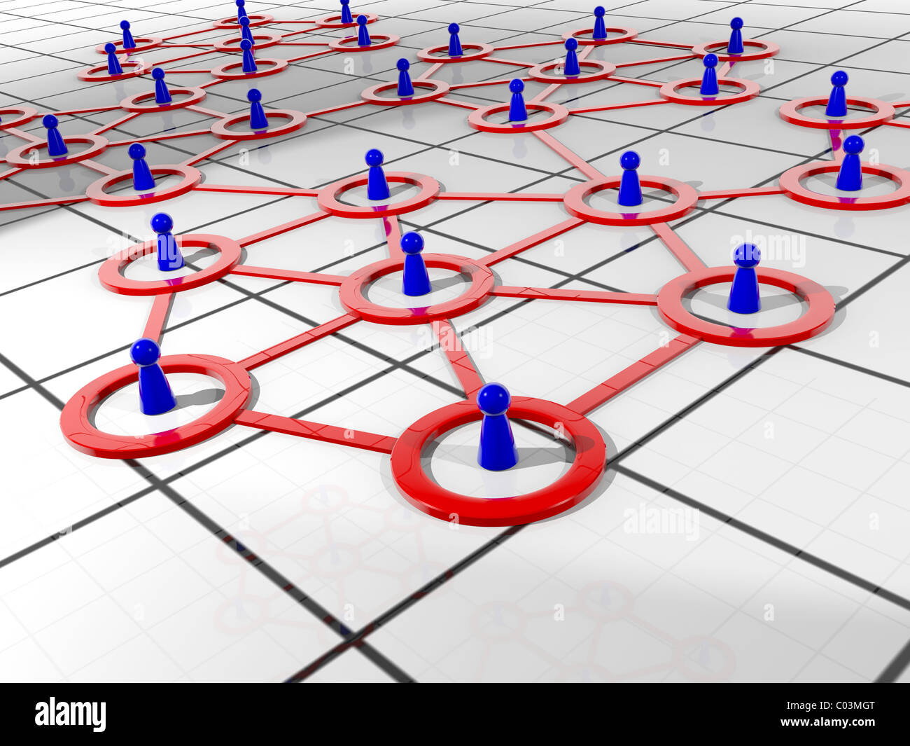 Soziales Netzwerk von blauen Figuren in einem roten Netzwerk stilisiert Stockfoto