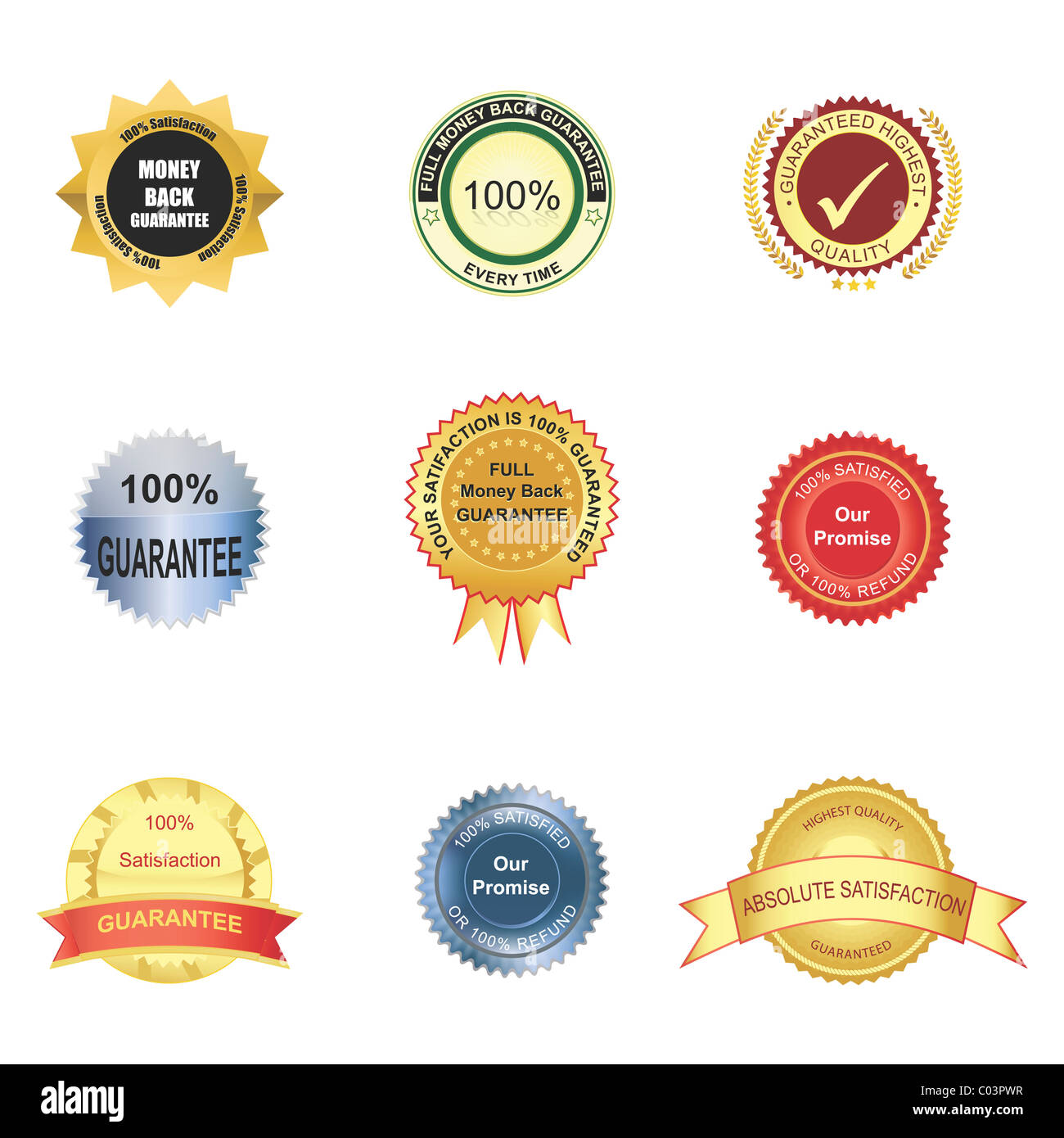 Satz von neun Zufriedenheit Garantie Icons Stockfoto