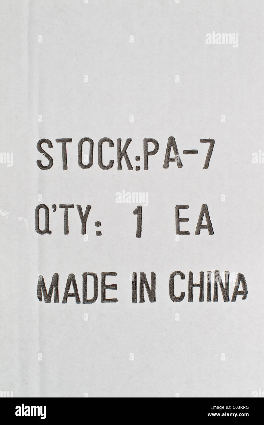 Die Seite der Verpackung box zeigt das Element als "Made in China." Stockfoto