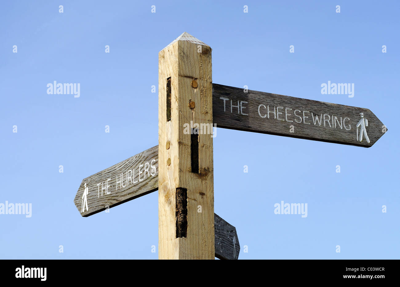 ein Wegweiser zu den "Cheesewring" und die "Hurlers" auf Bodmin Moor, Cornwall, uk Stockfoto