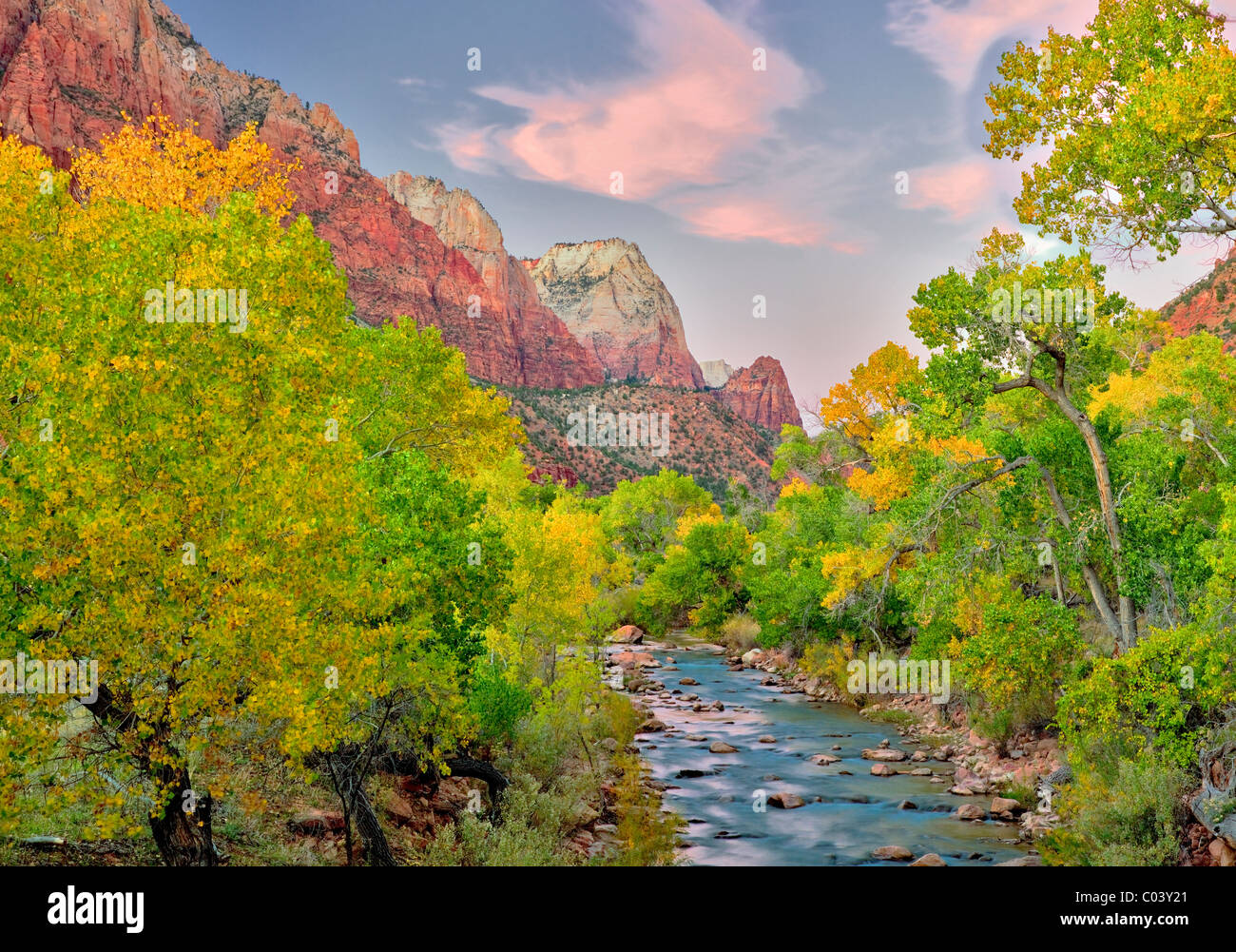 Herbstfarben und Virgin River mit Sonnenuntergang. Zion Nationalpark, Utah. Stockfoto