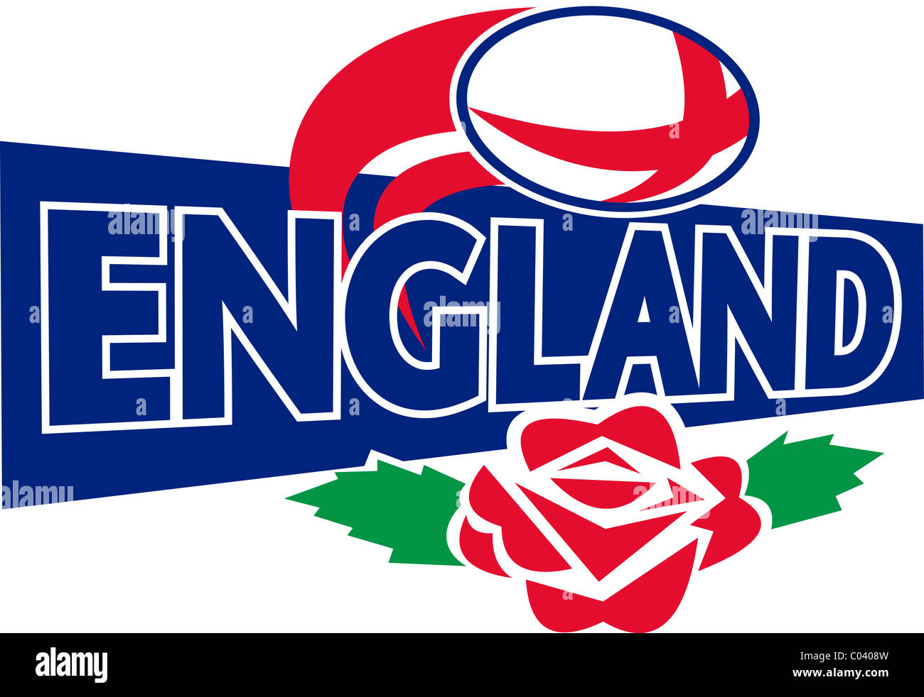Illustration von einem Rugby-Ball fliegen mit Englischrot stieg und Worte england Stockfoto