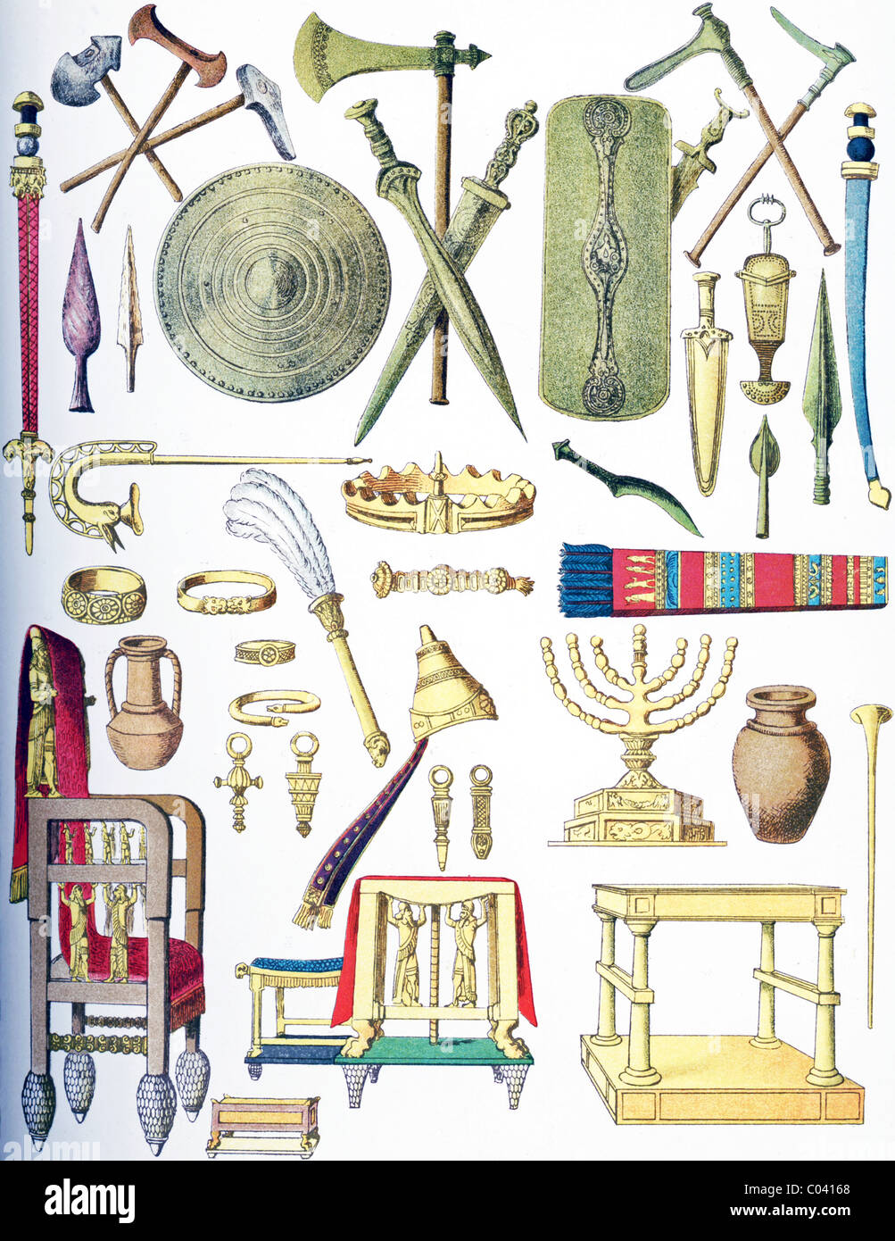 Die Objekte im Bild sind aus alten Zeiten: europäisch, Sarmaten, Assyrer, und jüdische. Stockfoto