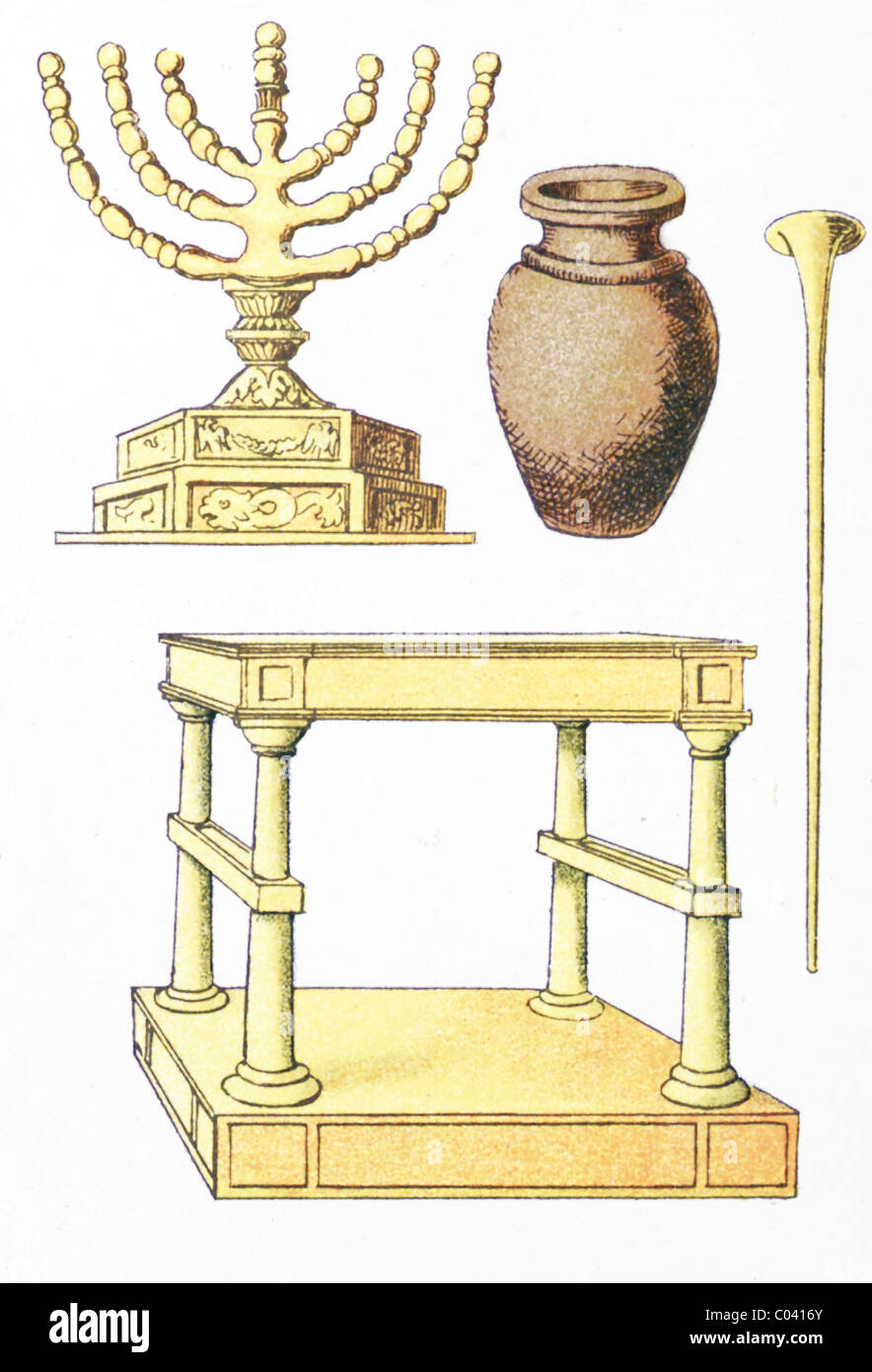 Die hier abgebildeten Objekte sind: Althebräisch Zeiten: siebenarmigen Leuchter, Wasserbehälter, Trompete, Tabelle für Shou-Brot. Stockfoto