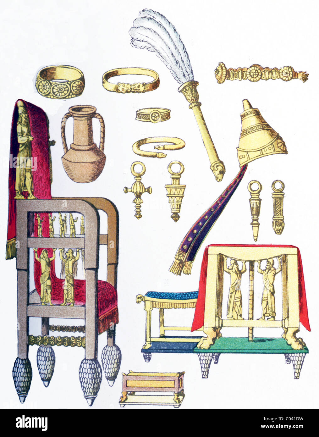 Antike assyrische Gegenstände: vier Armbinden, Lüfter, Diadem, Wasserbehälter, vier Ohr Anhänger, Tiara, Thron, Hocker, Sitz, Tisch. Stockfoto