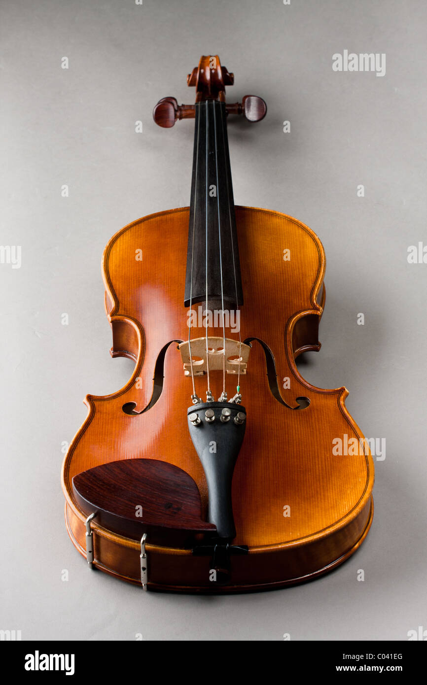 Klassische Violine oder eine Geige auf grauem Hintergrund isoliert, wie von der Vorderseite des Instruments zu sehen. Stockfoto