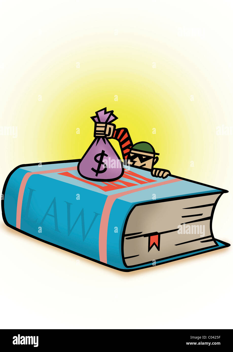 eine Räuber setzen Geld Tasche oben ein Gesetzbuch Stockfoto