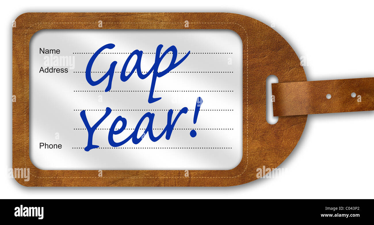 Koffer/Gepäck Label mit "Gap Year" geschrieben am Stockfoto