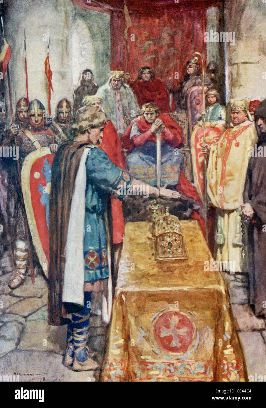 Sächsische Führer Harold hält seine Hand über den Schatullen, als William König von England, sieht auf von seinem Thron. Stockfoto