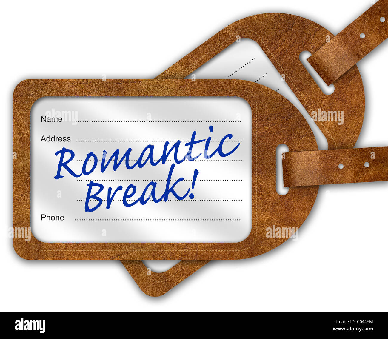 Koffer/Gepäck Label mit "Romantic Break" geschrieben am Stockfoto