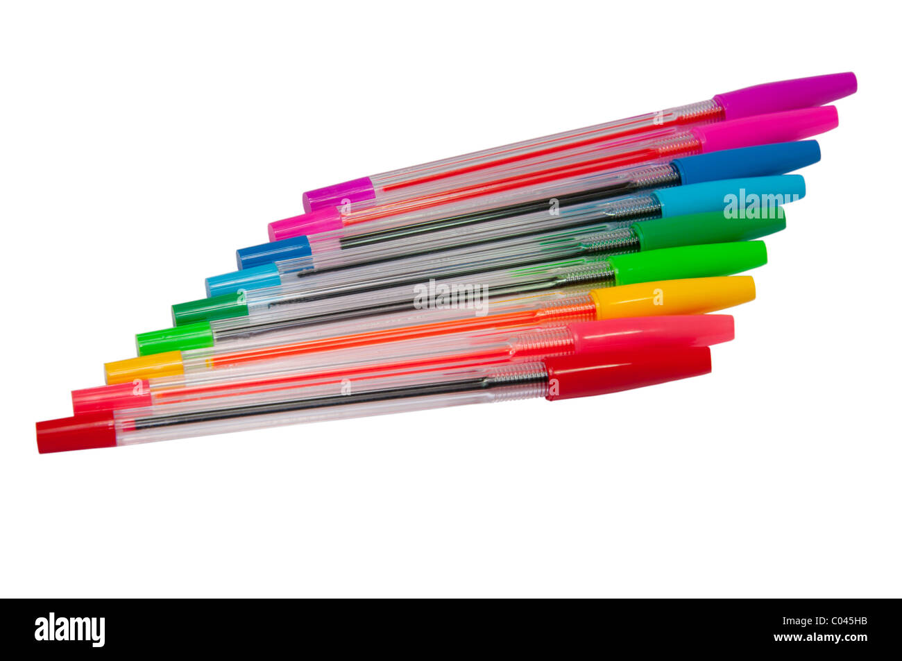 Neun farbige Stifte isoliert auf weißem Hintergrund Stockfoto