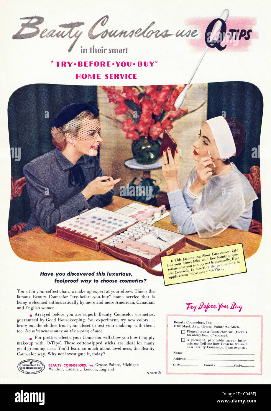 1950er Jahre ganzseitige Anzeige in der amerikanischen Verbraucher-Magazin für Q-TIPS-Kosmetik-Applikator Stockfoto