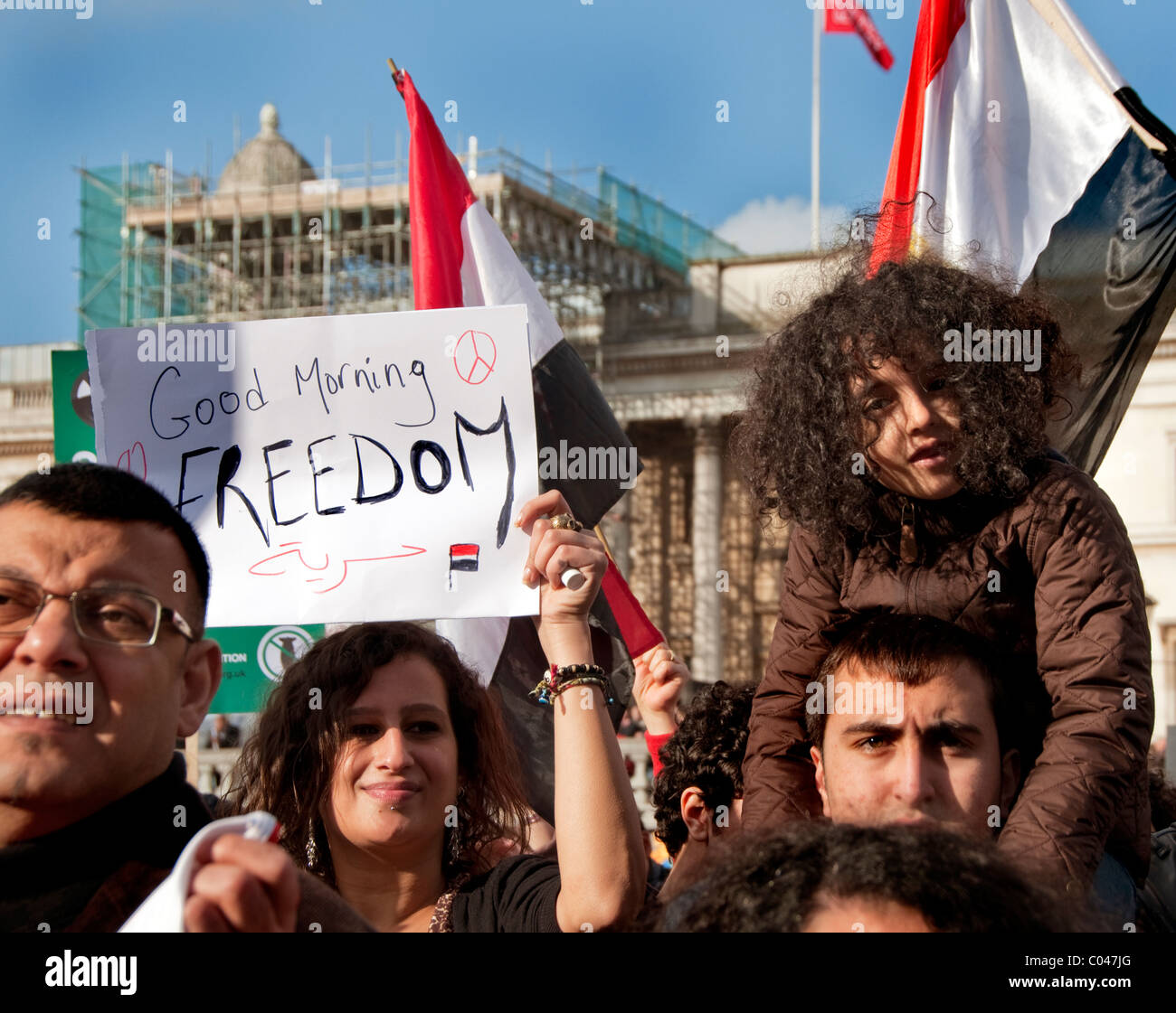 Ägyptische Siegesfeier auf dem Rücktritt Mubaraks organisiert von Amnesty International Trafalgar Square in London UK Stockfoto