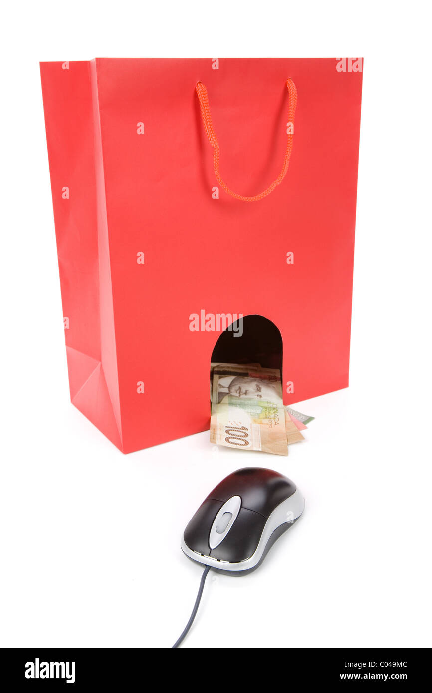Isolierte Einkaufstasche, Computer-Maus und kanadische Dollar, Konzept des e-Commerce Stockfoto