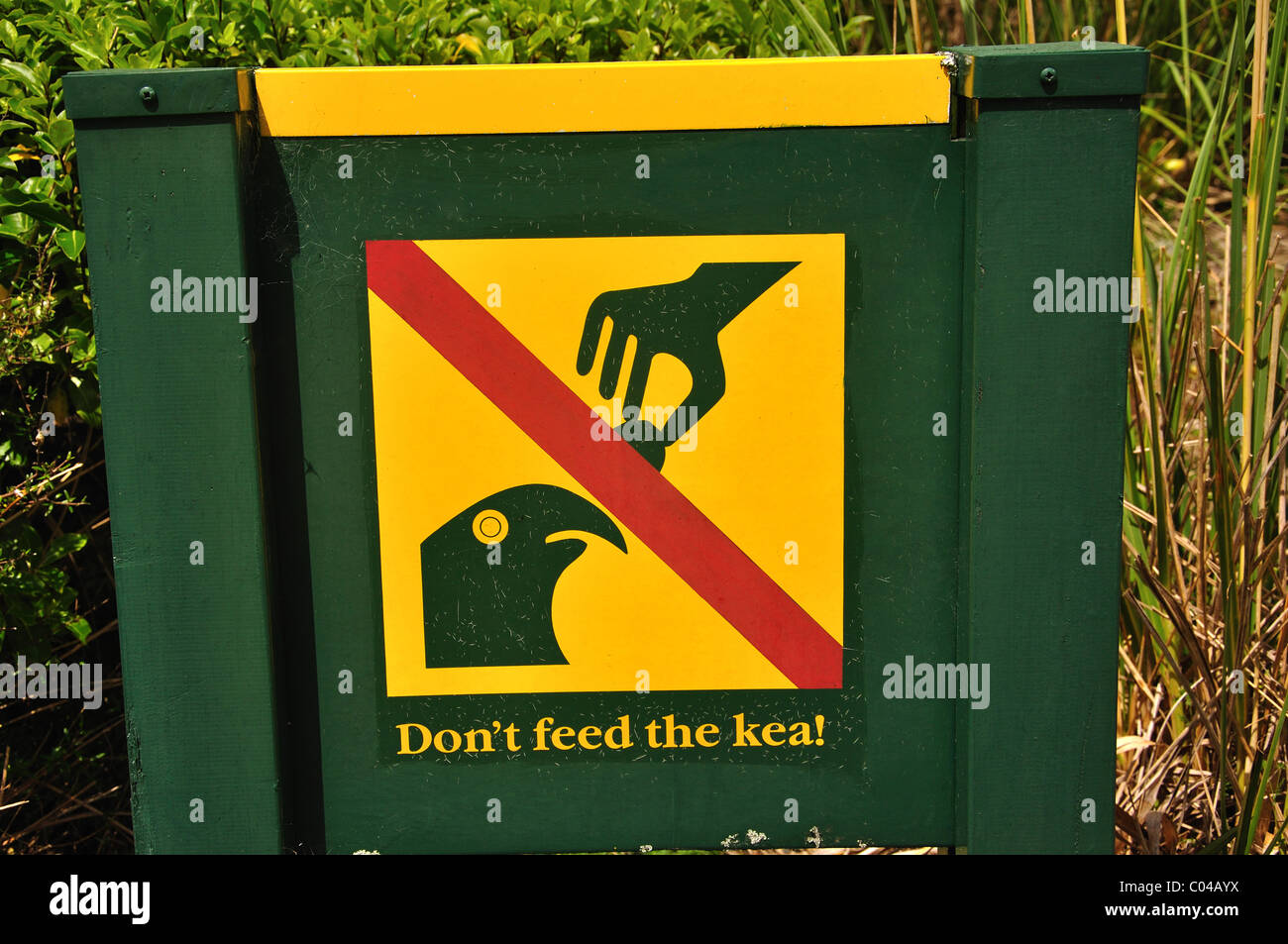 "Don't feed die Keas" unterzeichnen auf Mülleimer, Milford Sound, Fiordland-Nationalpark, Southland, Südinsel, Neuseeland Stockfoto